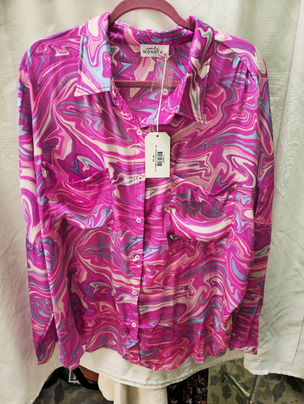 Simply Wonder Vibrant Pink Marbled Button Up Shirt New With Tags Plus Size 3X